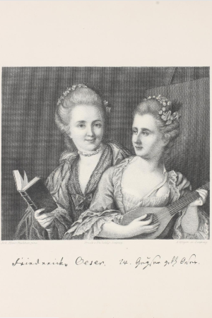 Doppelportrait von zwei Frauen, links Friederike Oeser mit einem Buch in der Hand, rechts Wilhelmine Geyser, geborene Oeser, mit einer Laute in der Hand