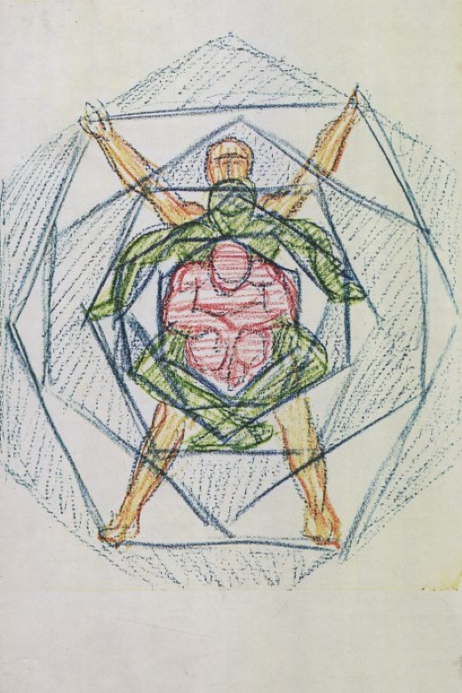Eine Zeichnung mit drei verschiedenfarbigen übereinandergelegten Figuren in unterschiedlichen Posen, die eine Bewegungsabfolge darstellen
