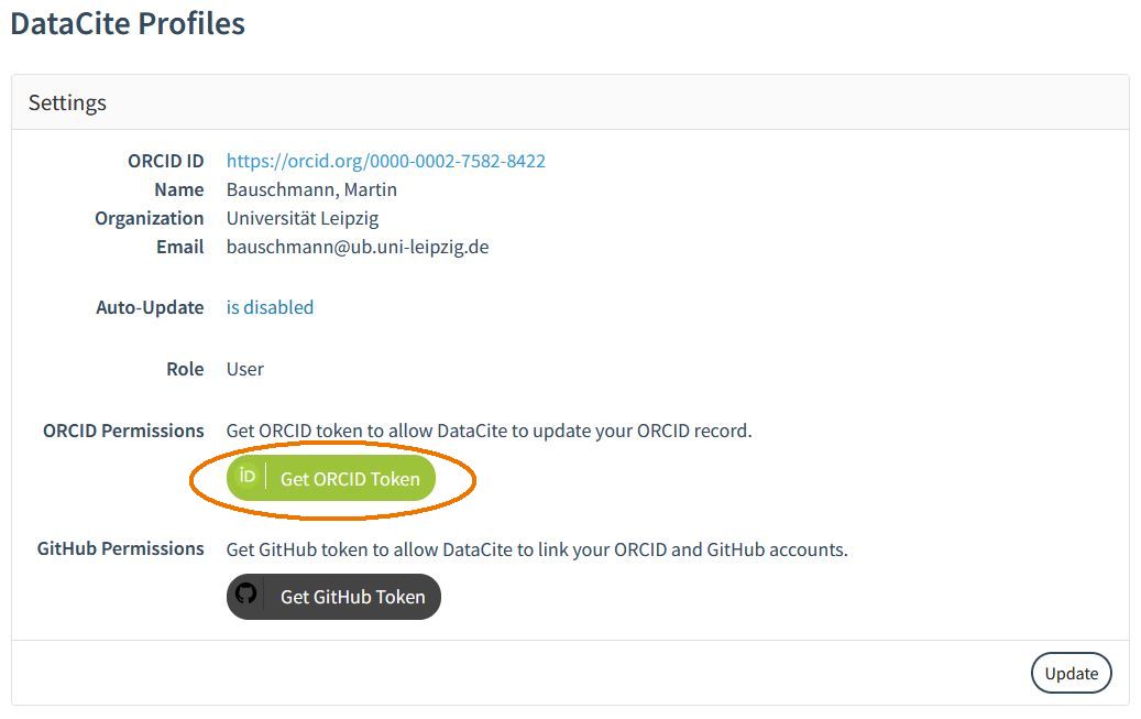 Einstellungen DataCite Profil