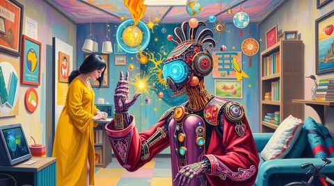 Generiert mit Leonardo.ai ( A painting depicting AI magic in everyday life, rendered in bright, vibrant, lively, and energetic colors)