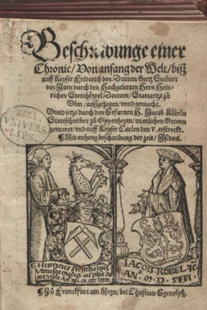 Digitalisat des Titelblatts einer Chronik von 1531, unter dem Titel zwei Bilder der Verfasser, links Heinrich Steinhöwel, rechts Jacob Koebel, beide mit ihren Wappenschilden