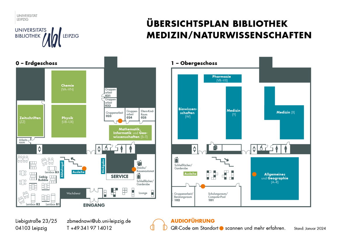 Hier klicken und PDF öffnen: Orientierungsplan/Arbeitsplätze Bibliothek Medizin/Naturwissenschaften (Stand 01/2024)